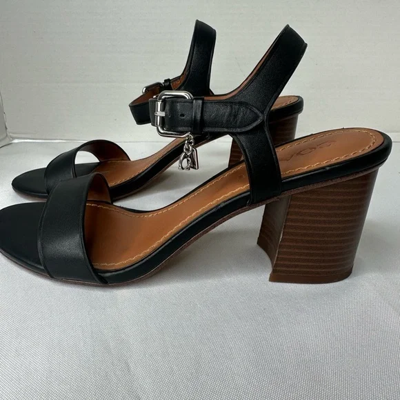 Coach Black Leather Block Heel Sandals with Silver Buckle - Picture 4 of 8